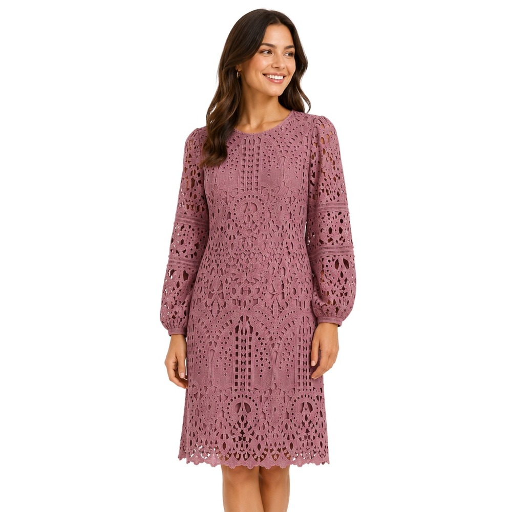 Jessakae Dress Womens Medium Mauve Pink Crochet Lace Puff Sleeve Eyelet Cotton